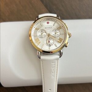 Michele Gold-Tone and White Chronograph Watch